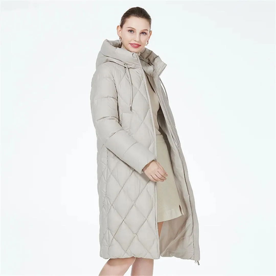 Women Winter Diamond Quilted Jacket Lengthened Style Padded Parka Thickened Warm Cotton Coat