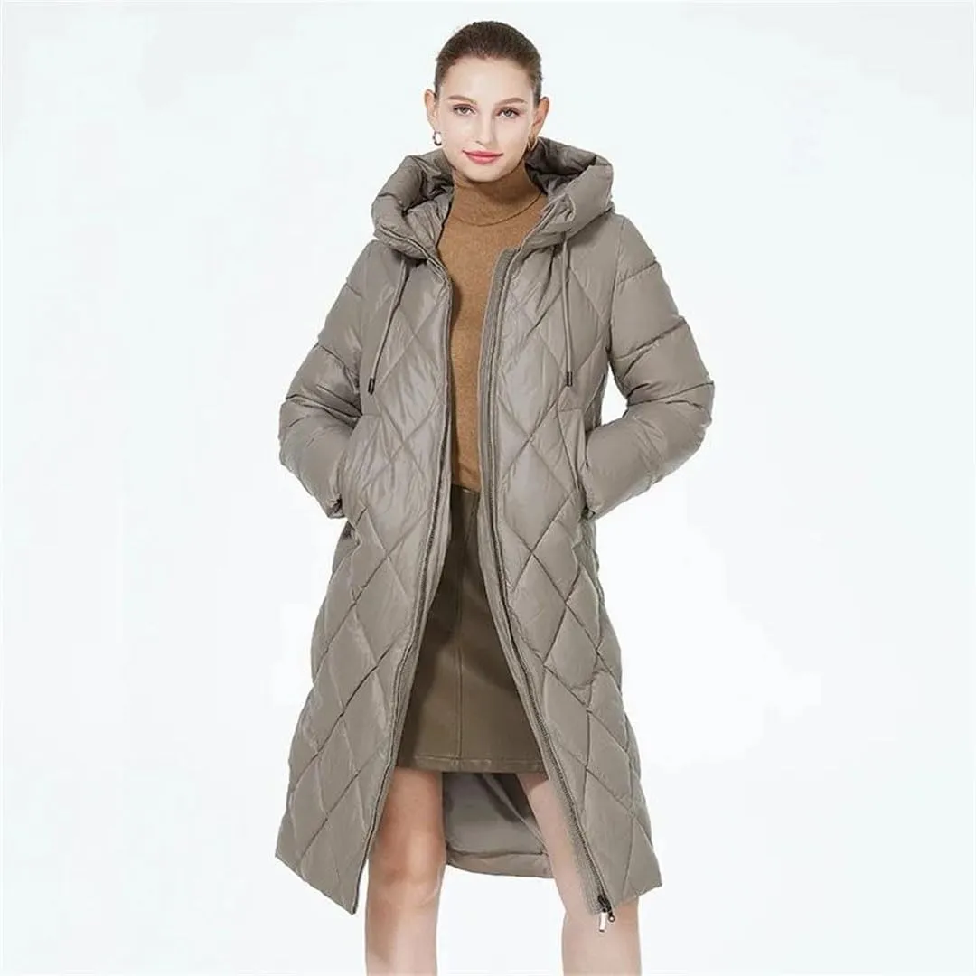 Women Winter Diamond Quilted Jacket Lengthened Style Padded Parka Thickened Warm Cotton Coat