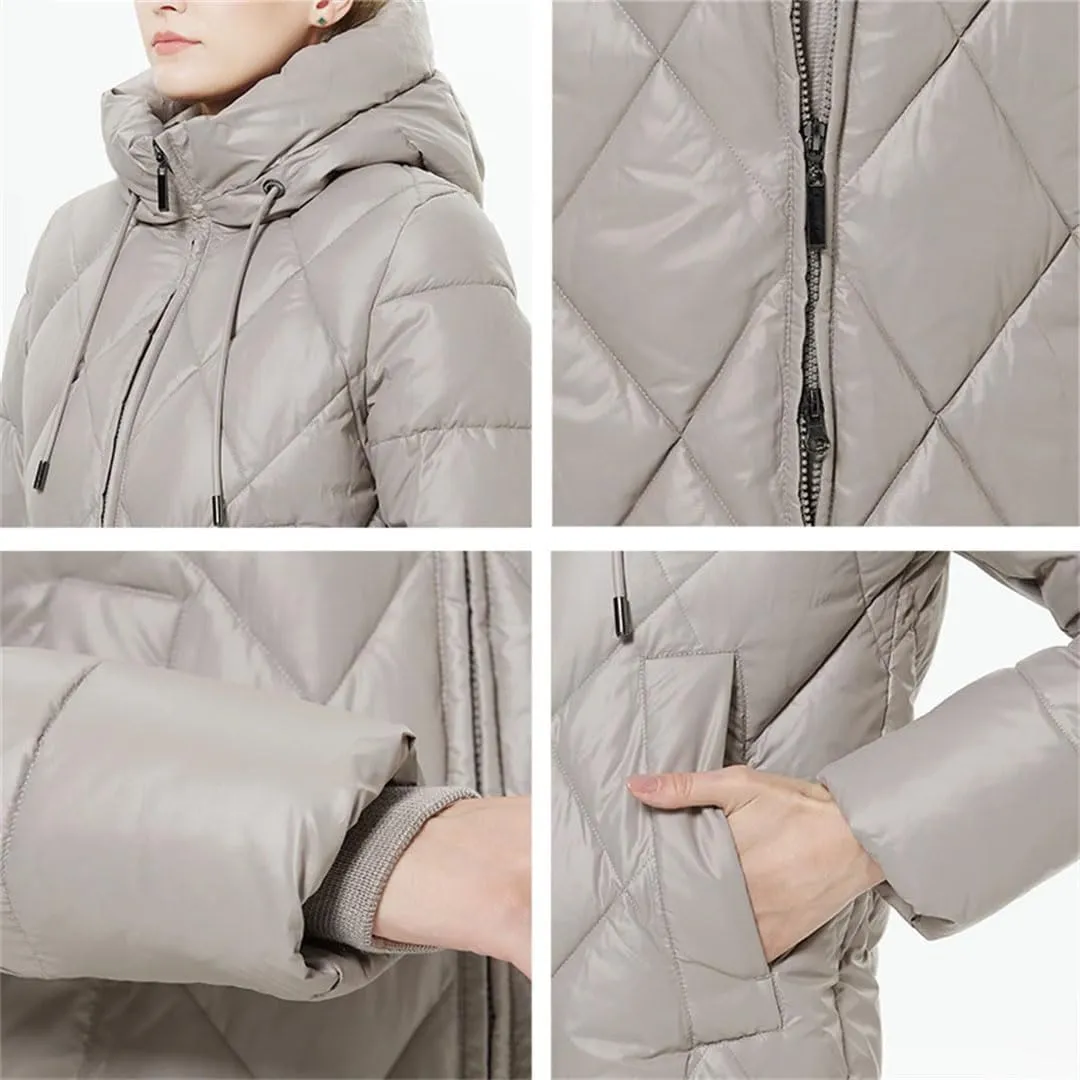 Women Winter Diamond Quilted Jacket Lengthened Style Padded Parka Thickened Warm Cotton Coat