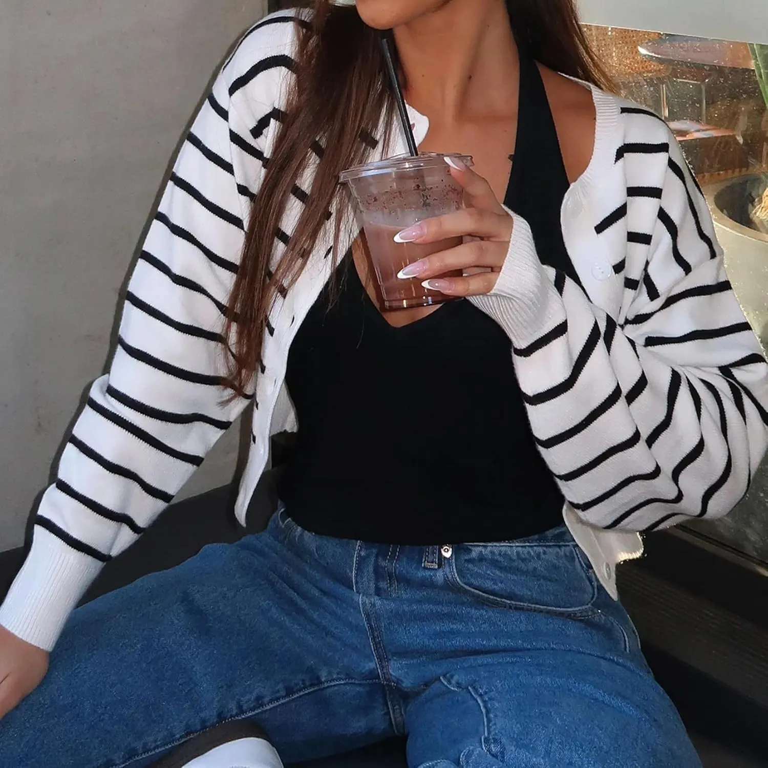 Women Y2k Classic Crop Cardigan Sweater Button Down Long Sleeve Lightweight Knit Basic Shirt Fall Cardigan Tops