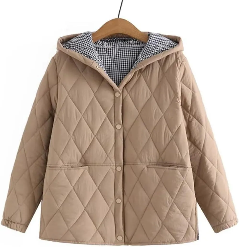 Women's Autumn Winter Parka Loose Fit Padded Hooded Argyle Cotton Coat