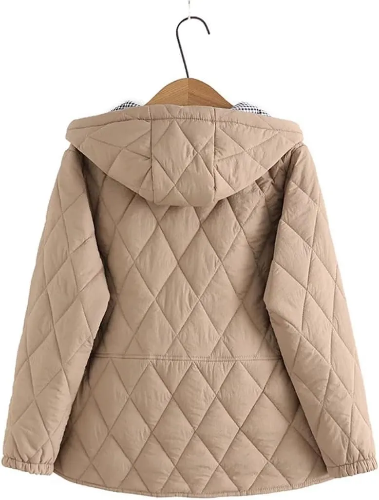 Women's Autumn Winter Parka Loose Fit Padded Hooded Argyle Cotton Coat