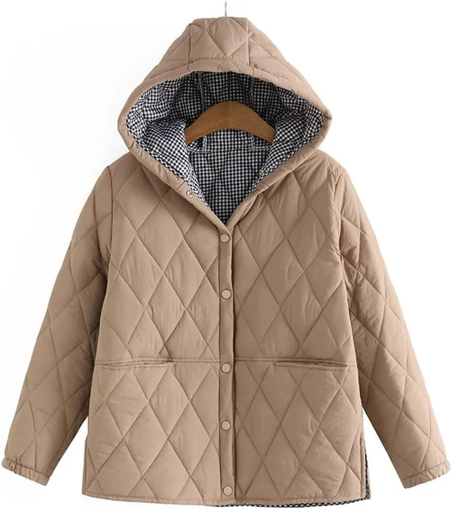 Women's Autumn Winter Parka Loose Fit Padded Hooded Argyle Cotton Coat