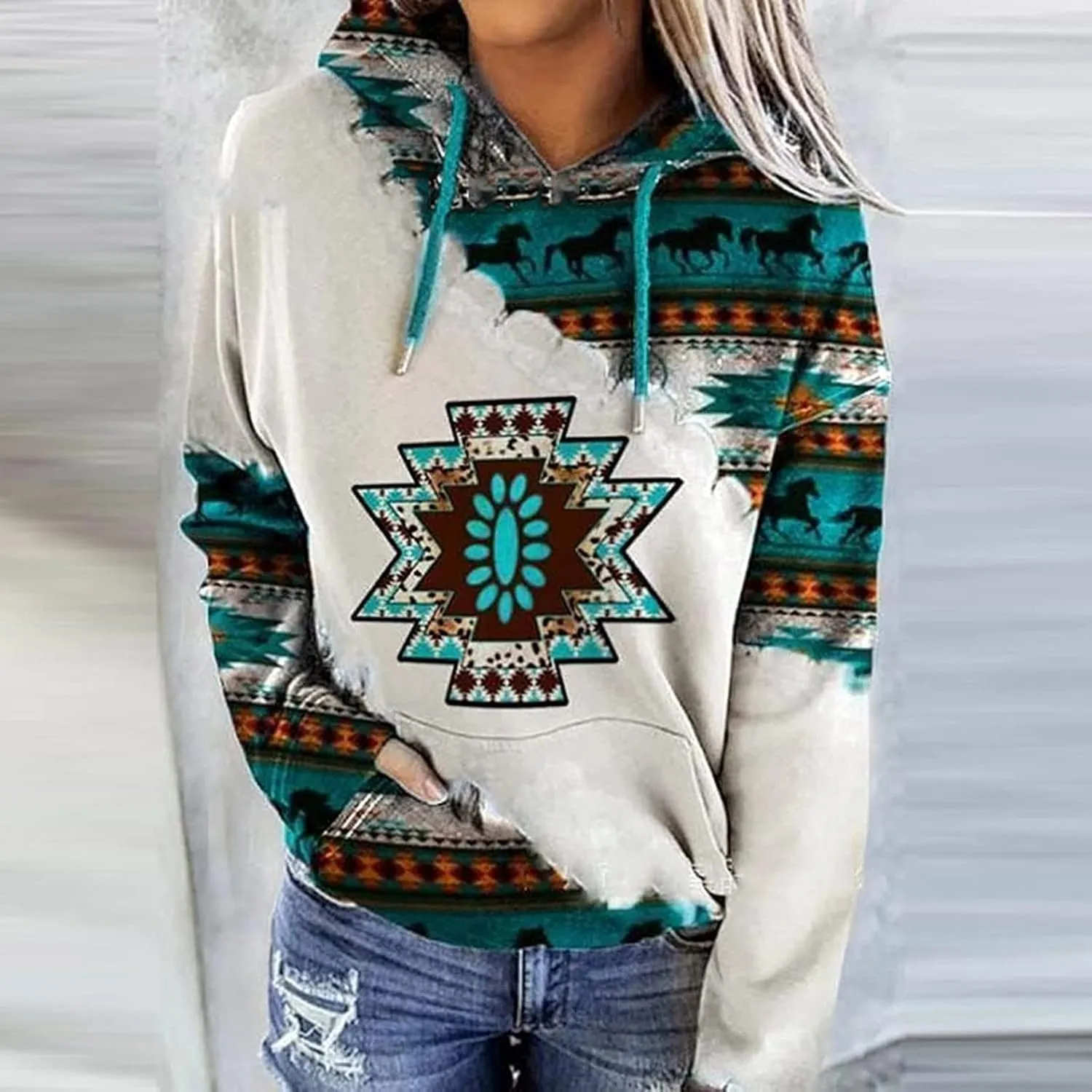 Women's Aztec Hoodie Western Clothes for Women Geometric Ethnic Graphic Western Sweatshirts Sweater Shirts Girls