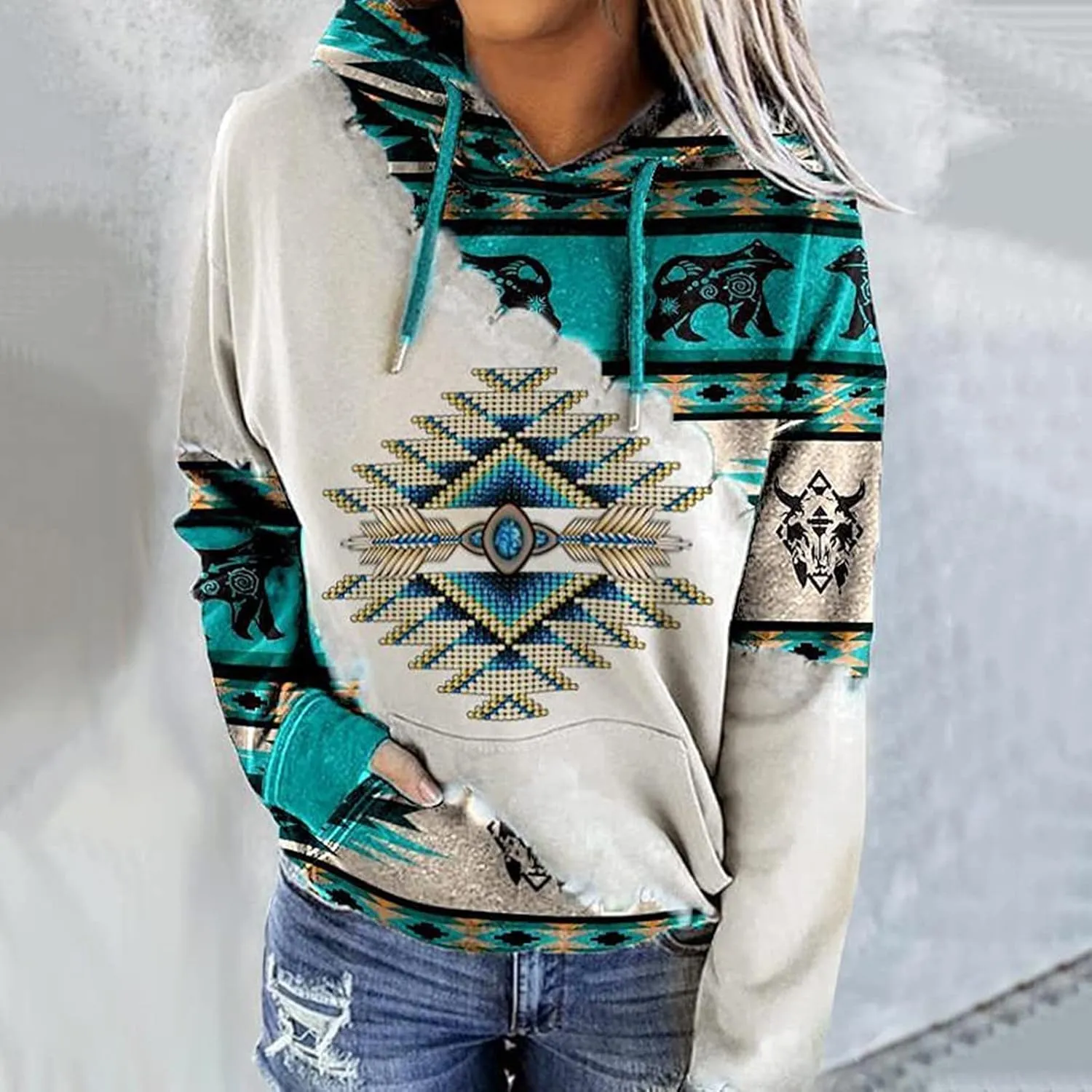 Women's Aztec Hoodie Western Clothes for Women Geometric Ethnic Graphic Western Sweatshirts Sweater Shirts Girls