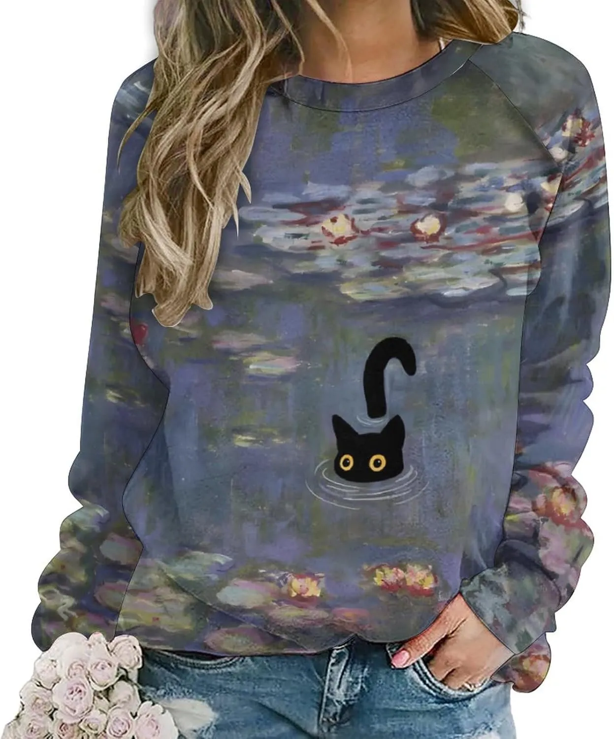 Women's Black Cat Sweatshirt Pullover Cute Cat Lover 3D Graphic Print Sweatshirts Crewneck Casual Loose Shirts