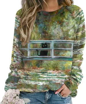 Women's Black Cat Sweatshirt Pullover Cute Cat Lover 3D Graphic Print Sweatshirts Crewneck Casual Loose Shirts