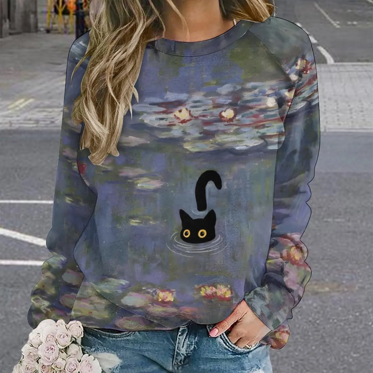 Women's Black Cat Sweatshirt Pullover Cute Cat Lover 3D Graphic Print Sweatshirts Crewneck Casual Loose Shirts