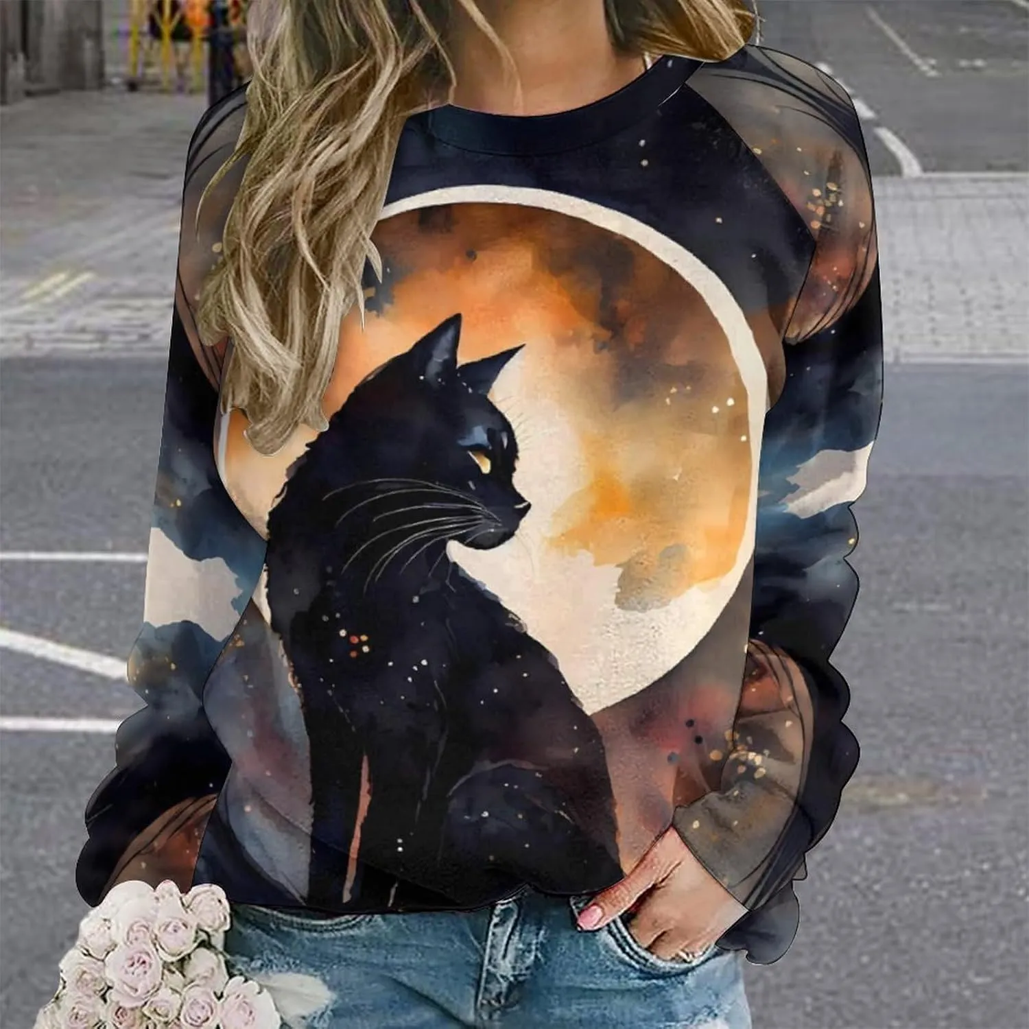 Women's Black Cat Sweatshirt Pullover Cute Cat Lover 3D Graphic Print Sweatshirts Crewneck Casual Loose Shirts