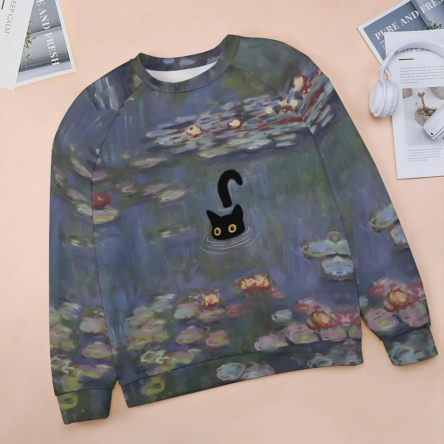 Women's Black Cat Sweatshirt Pullover Cute Cat Lover 3D Graphic Print Sweatshirts Crewneck Casual Loose Shirts