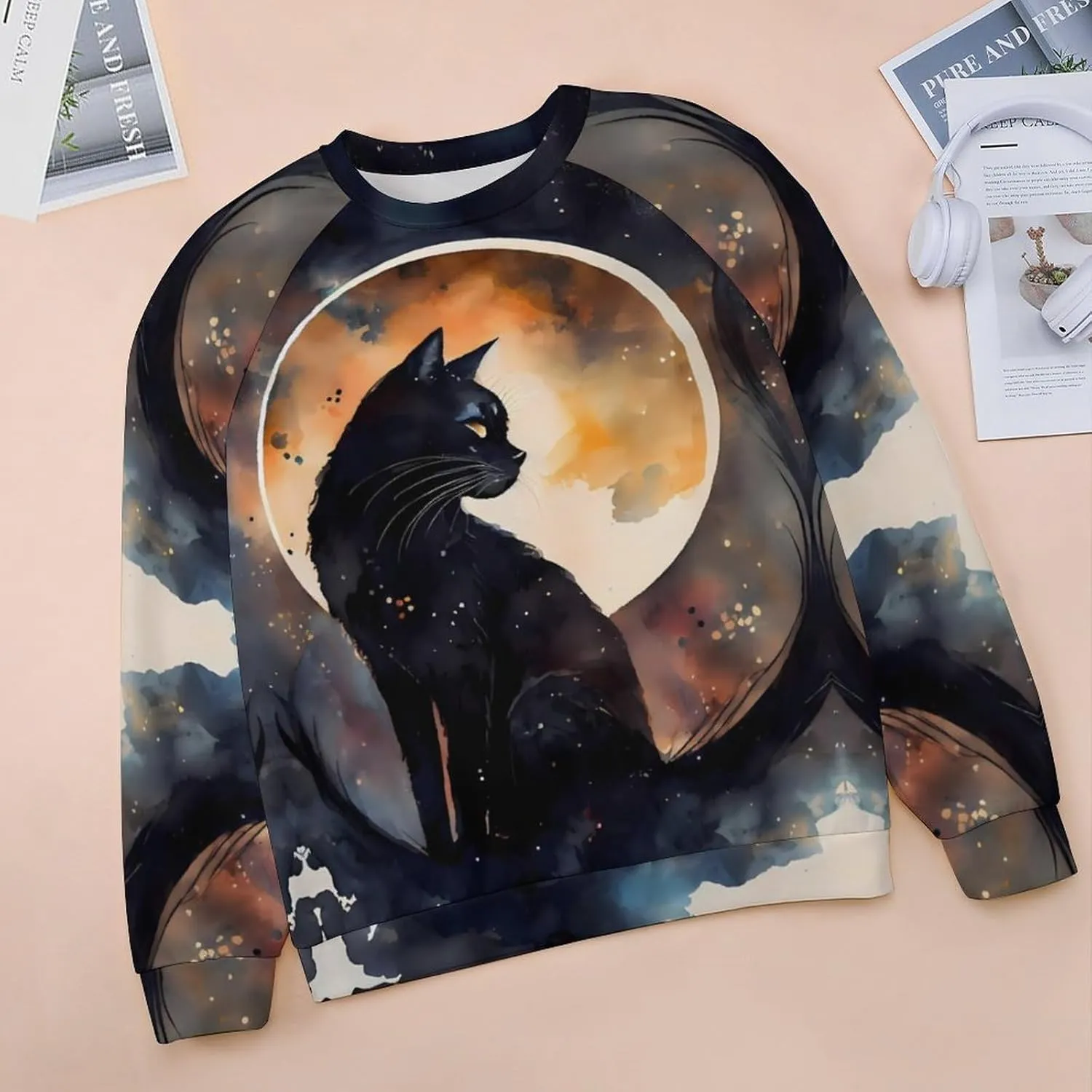 Women's Black Cat Sweatshirt Pullover Cute Cat Lover 3D Graphic Print Sweatshirts Crewneck Casual Loose Shirts
