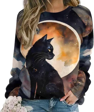 Women's Black Cat Sweatshirt Pullover Cute Cat Lover 3D Graphic Print Sweatshirts Crewneck Casual Loose Shirts