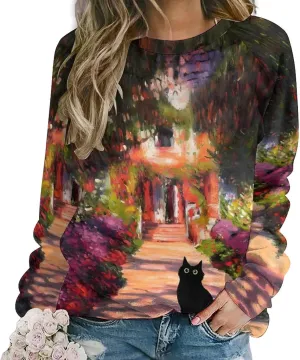 Women's Black Cat Sweatshirt Pullover Cute Cat Lover 3D Graphic Print Sweatshirts Crewneck Casual Loose Shirts