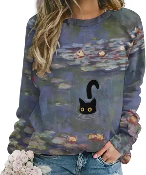 Women's Black Cat Sweatshirt Pullover Cute Cat Lover 3D Graphic Print Sweatshirts Crewneck Casual Loose Shirts