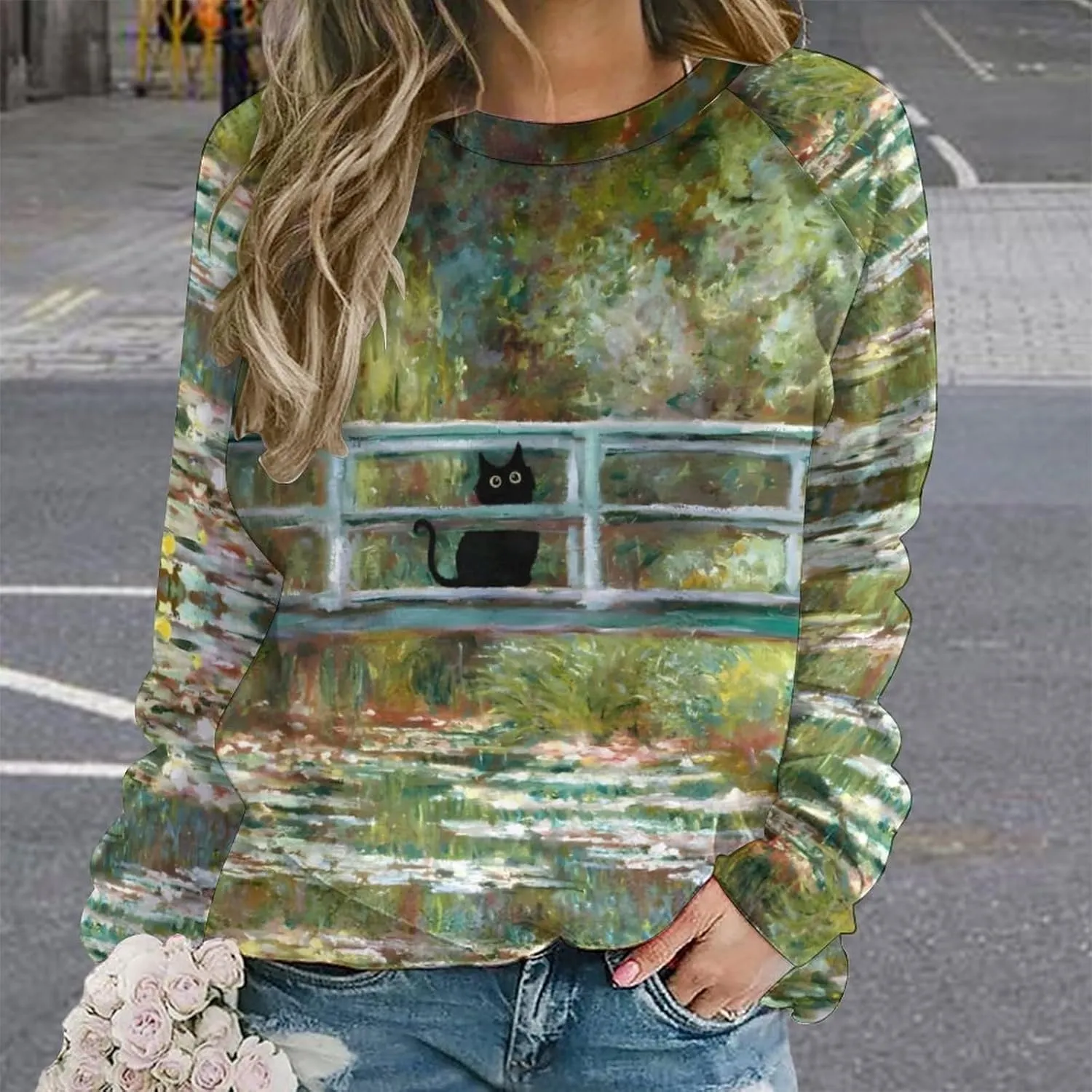 Women's Black Cat Sweatshirt Pullover Cute Cat Lover 3D Graphic Print Sweatshirts Crewneck Casual Loose Shirts