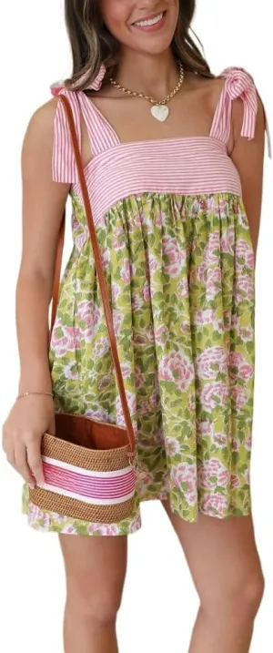 Womens Boho Floral Mini Dress Summer Cottagecore Striped Flowy Smocked Spaghetti Strap Coquette Vacation Sundresses