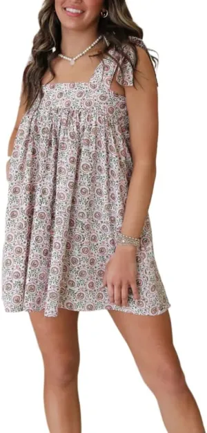 Womens Boho Floral Mini Dress Summer Cottagecore Striped Flowy Smocked Spaghetti Strap Coquette Vacation Sundresses