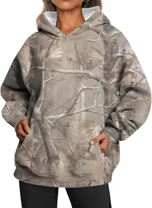 Womens Camo Hoodies Maple Leaf Print Hooded Camo Sweatshirt Oversized Long Sleeve Pullover Sweatshirts for Women