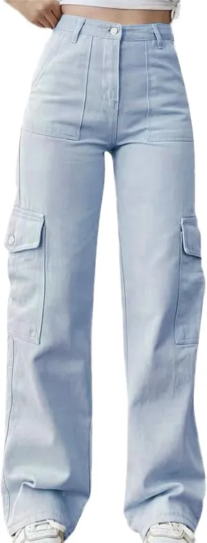 Womens Cargo Pants High Waist Baggy Cargo Jeans Flap Pocket Denim Pants Casual Straight Leg Trousers Y2K Streetwear