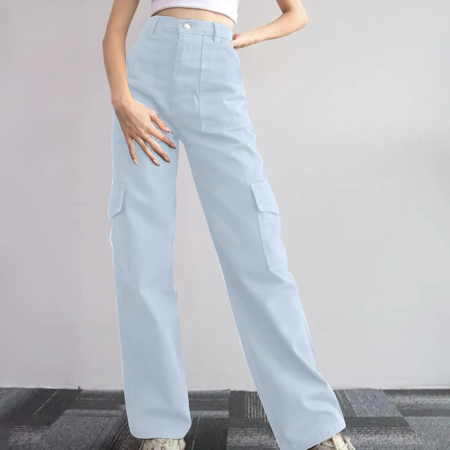 Womens Cargo Pants High Waist Baggy Cargo Jeans Flap Pocket Denim Pants Casual Straight Leg Trousers Y2K Streetwear