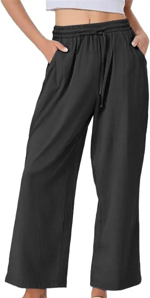Womens Casual Cotton Linen Pants 2025 Drawstring Elastic Waist Solid Plus Size Lounge Long Trousers with Pockets