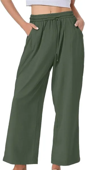Womens Casual Cotton Linen Pants 2025 Drawstring Elastic Waist Solid Plus Size Lounge Long Trousers with Pockets