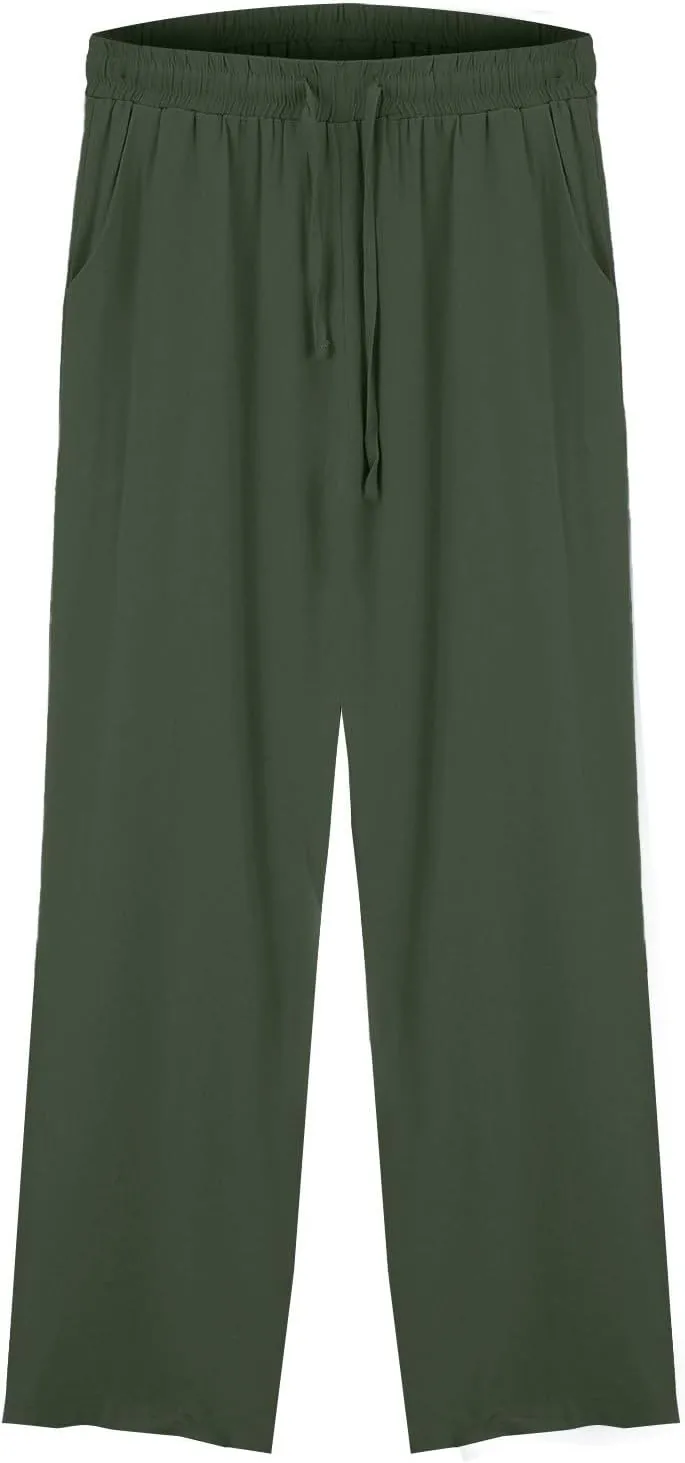 Womens Casual Cotton Linen Pants 2025 Drawstring Elastic Waist Solid Plus Size Lounge Long Trousers with Pockets