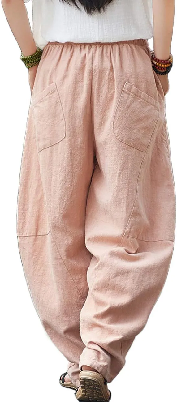 Women's Casual Cotton Linen Pants Elastic Waist Long Trousers Vintage Harem Pants Bloomers with Pockets
