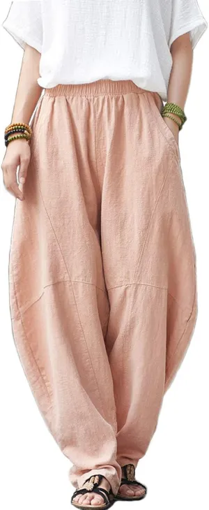 Women's Casual Cotton Linen Pants Elastic Waist Long Trousers Vintage Harem Pants Bloomers with Pockets