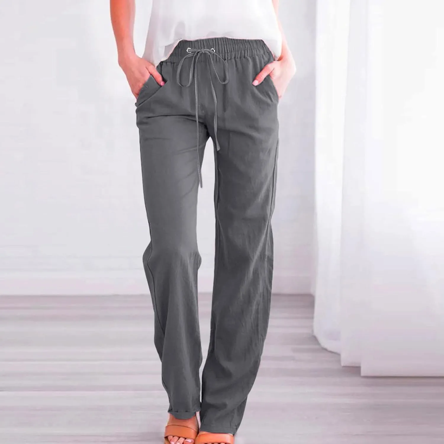 Women's Casual Cotton Linen Pants Lightweight Summer Elastic Waist Straight Leg Lounge Long Trousers with Pockets