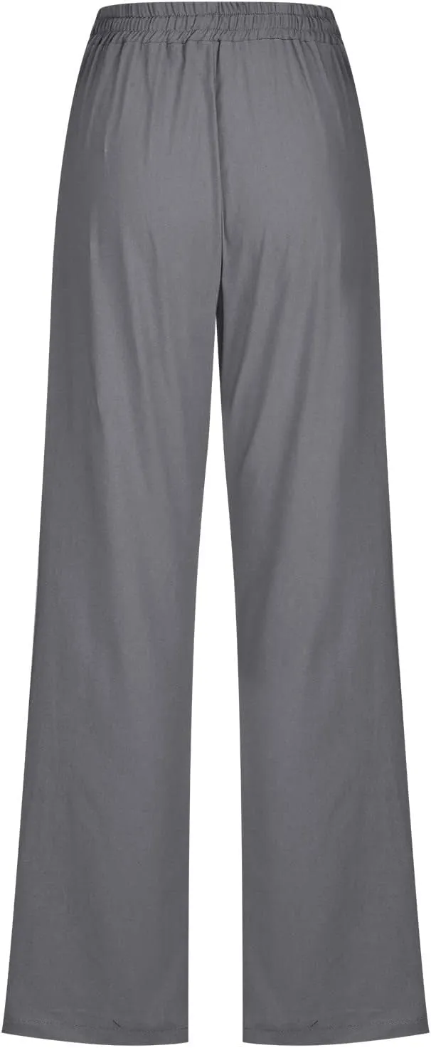 Women's Casual Cotton Linen Pants Lightweight Summer Elastic Waist Straight Leg Lounge Long Trousers with Pockets