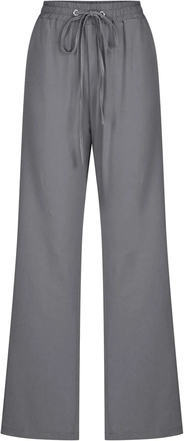 Women's Casual Cotton Linen Pants Lightweight Summer Elastic Waist Straight Leg Lounge Long Trousers with Pockets
