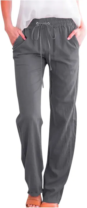 Women's Casual Cotton Linen Pants Lightweight Summer Elastic Waist Straight Leg Lounge Long Trousers with Pockets