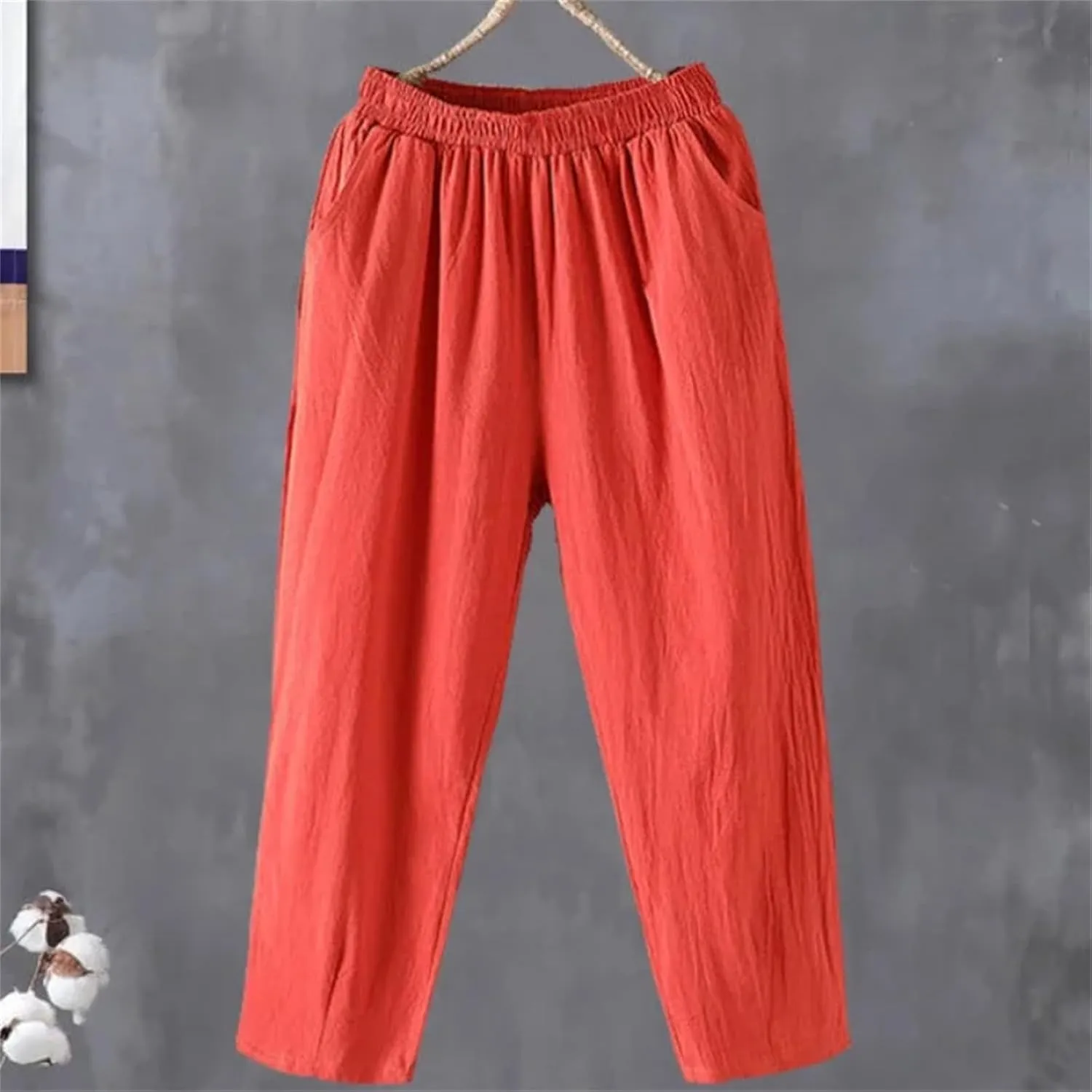 Women's Casual Cotton Linen Pants  Loose Fit Solid Color Ankle-Length Elastic Waist Summer Trousers