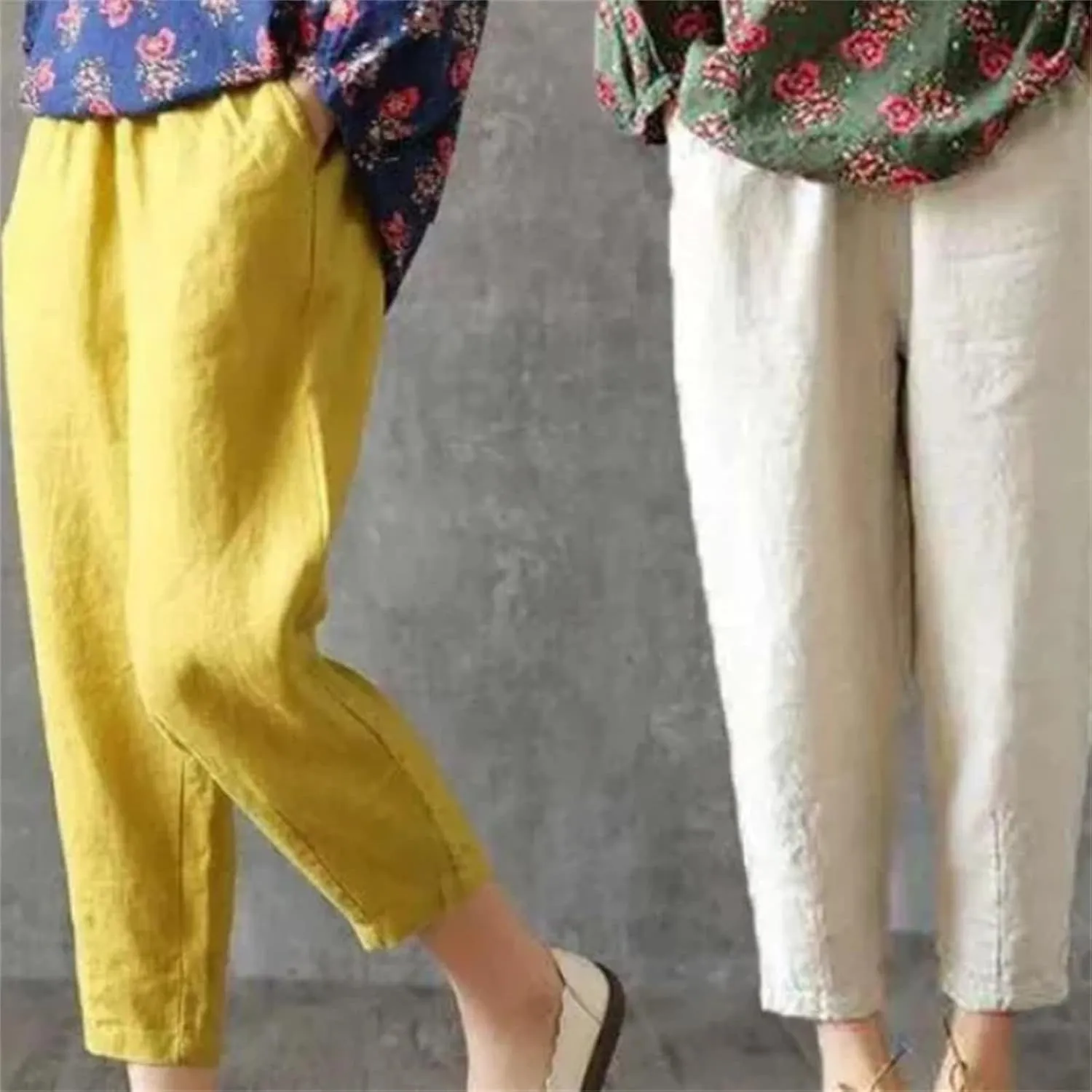 Women's Casual Cotton Linen Pants  Loose Fit Solid Color Ankle-Length Elastic Waist Summer Trousers