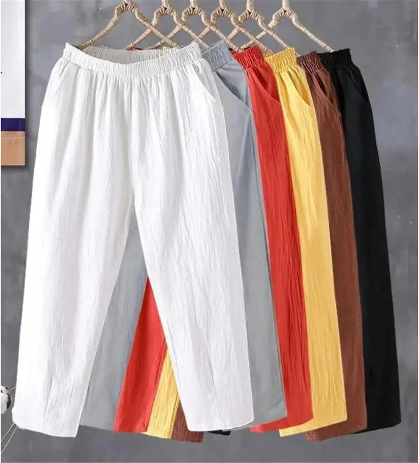 Women's Casual Cotton Linen Pants  Loose Fit Solid Color Ankle-Length Elastic Waist Summer Trousers