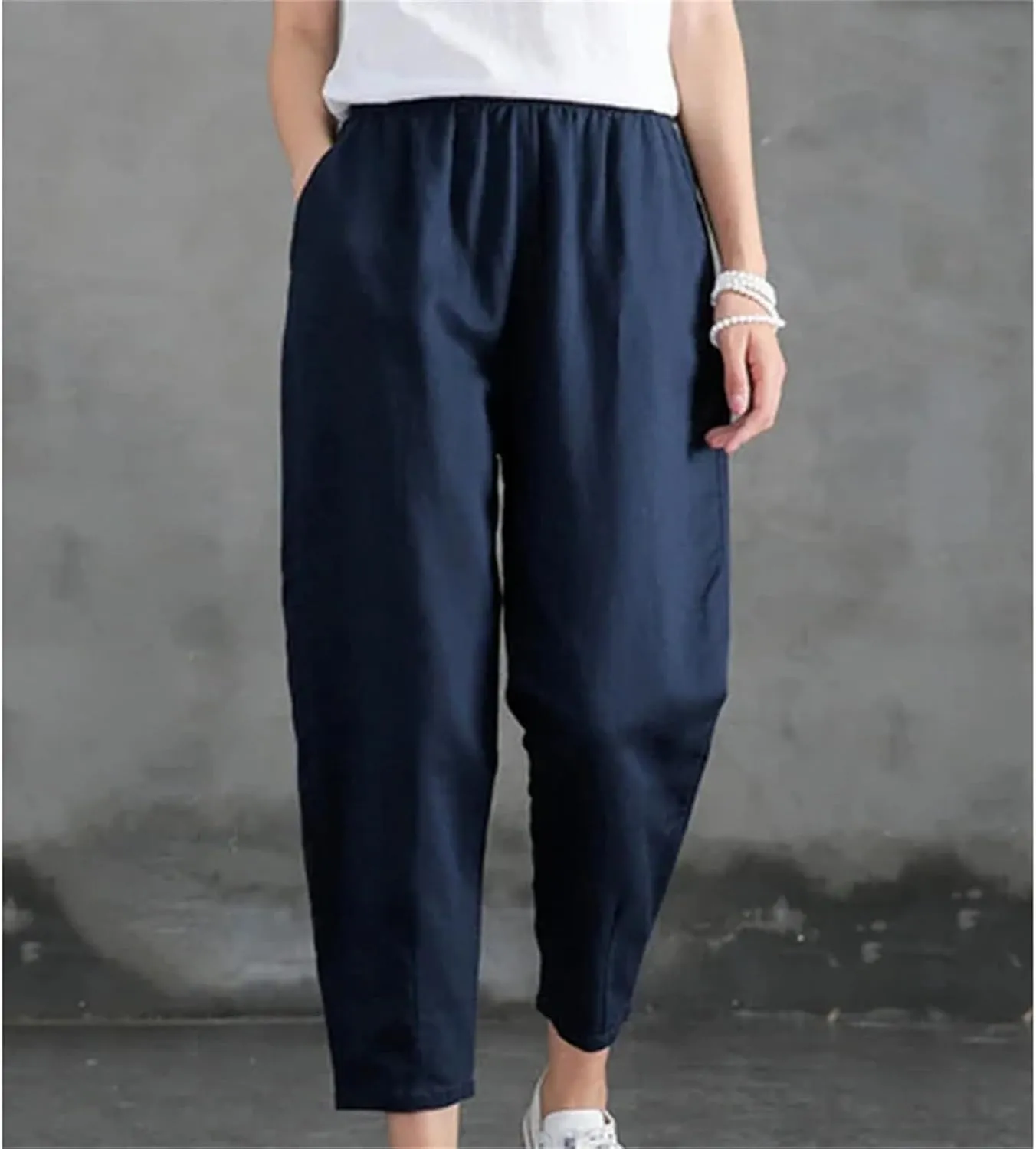 Women's Casual Cotton Linen Pants  Loose Fit Solid Color Ankle-Length Elastic Waist Summer Trousers