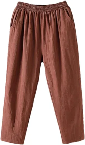 Women's Casual Cotton Linen Pants  Loose Fit Solid Color Ankle-Length Elastic Waist Summer Trousers