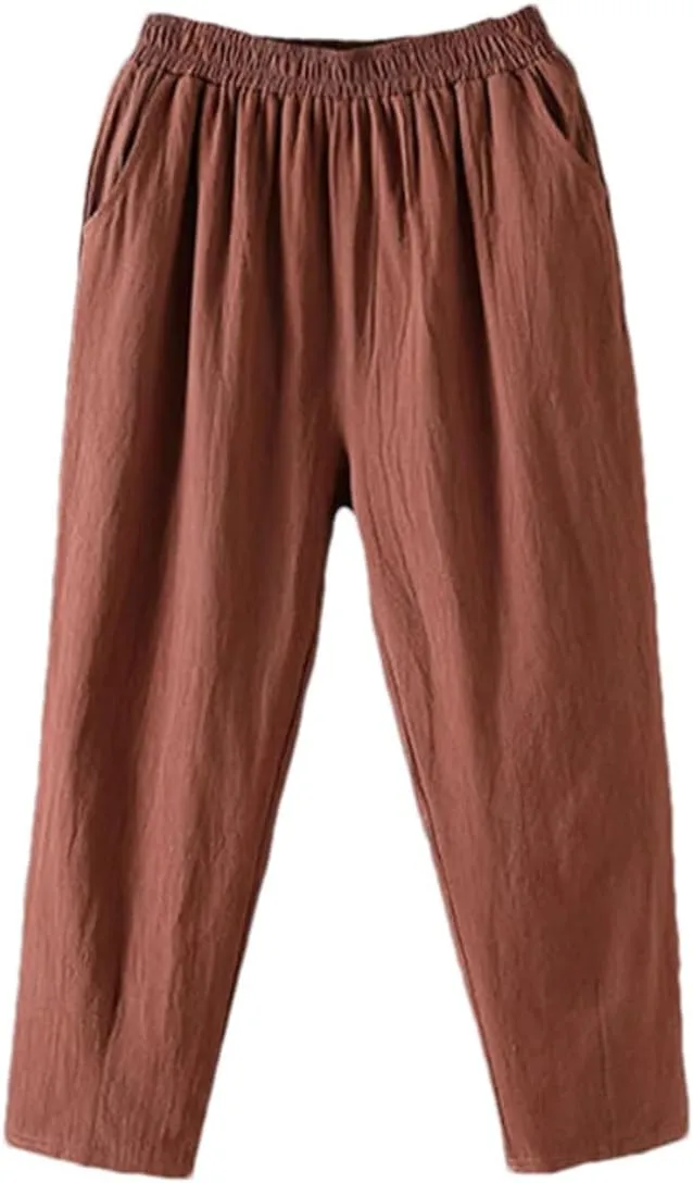 Women's Casual Cotton Linen Pants  Loose Fit Solid Color Ankle-Length Elastic Waist Summer Trousers