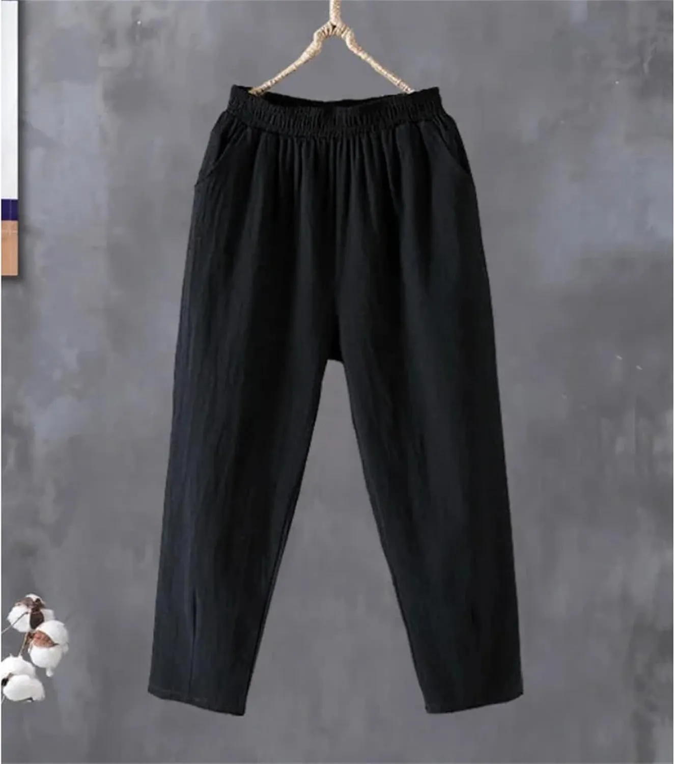 Women's Casual Cotton Linen Pants  Loose Fit Solid Color Ankle-Length Elastic Waist Summer Trousers