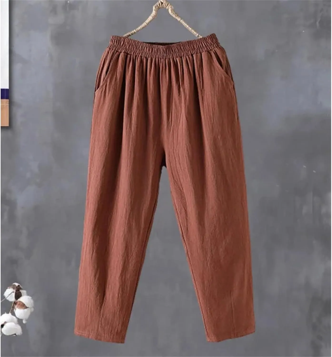 Women's Casual Cotton Linen Pants  Loose Fit Solid Color Ankle-Length Elastic Waist Summer Trousers