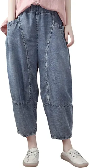 Women's Casual Harem Jeans Elastic Waist Denim Pants Trousers