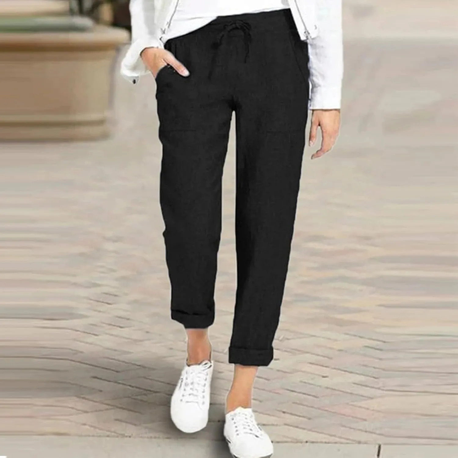 Womens Casual Lightweight Drawstring Elastic Waist Pants with Pockets Tie Dye Slacks Cropped Trouser Beach Clothes