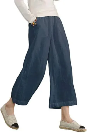 Womens Casual Lightweight Elastic Waist Linen Cotton Trouser Cropped Wide Leg Pants