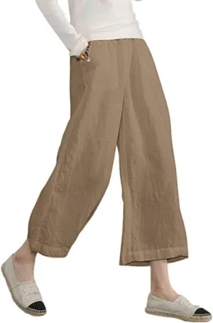 Womens Casual Lightweight Elastic Waist Linen Cotton Trouser Cropped Wide Leg Pants