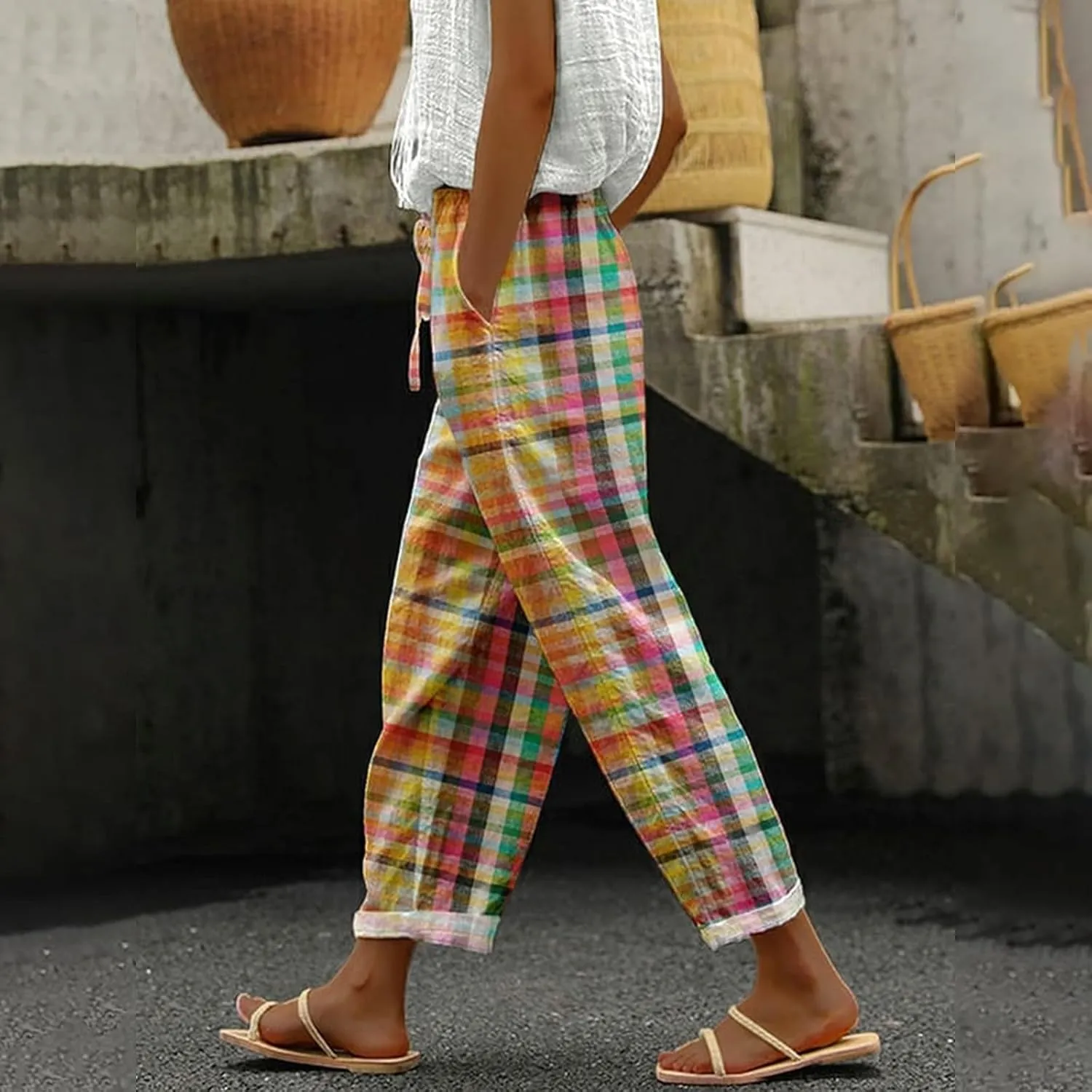 Womens Casual Linen High Waist Pants Pants Drawstring Elastic Waist Women Wide Leg Linen Petite Palazzo