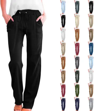 Womens Casual Linen Pants High Waist Drawstring Loose Fit Trousers with Pockets Beach Vacation Clothes for Women