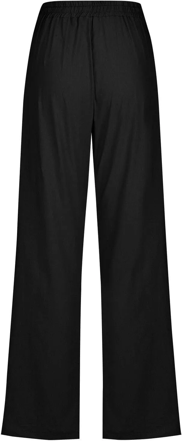 Womens Casual Linen Pants High Waist Drawstring Loose Fit Trousers with Pockets Beach Vacation Clothes for Women