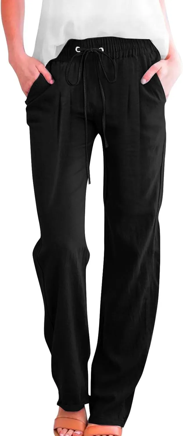 Womens Casual Linen Pants High Waist Drawstring Loose Fit Trousers with Pockets Beach Vacation Clothes for Women