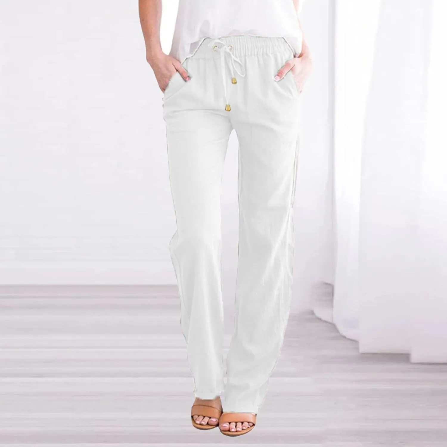 Womens Casual Linen Pants Summer Outfits Boho Drawstring Elastic Waist Trousers Lounge Vacation Clothing